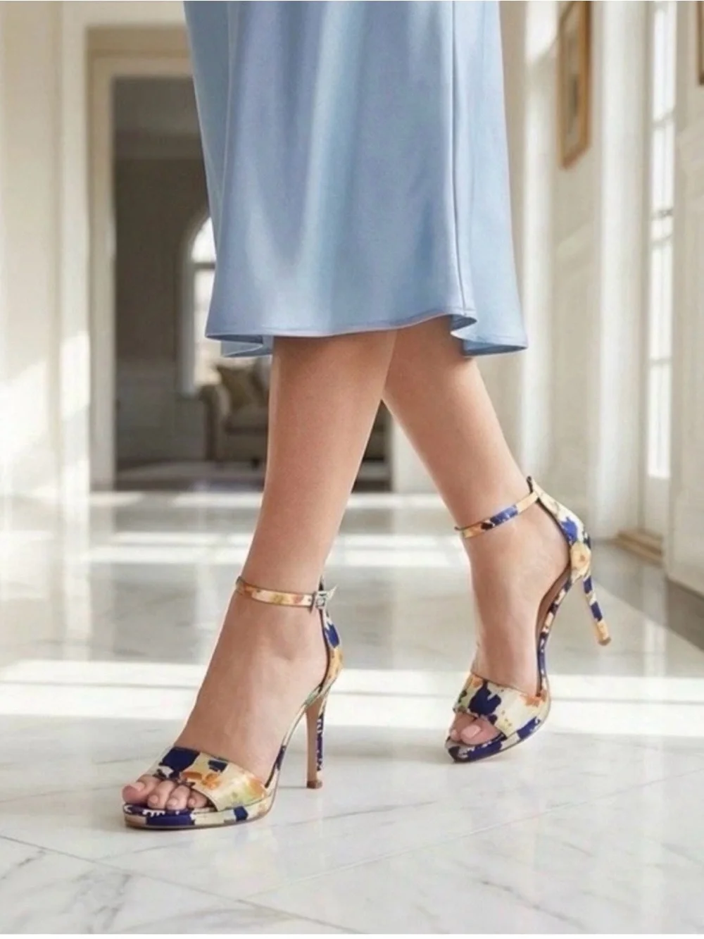 Vince Camuto Floral Open-Toe Ankle-Strap Heel in Navy & Orange